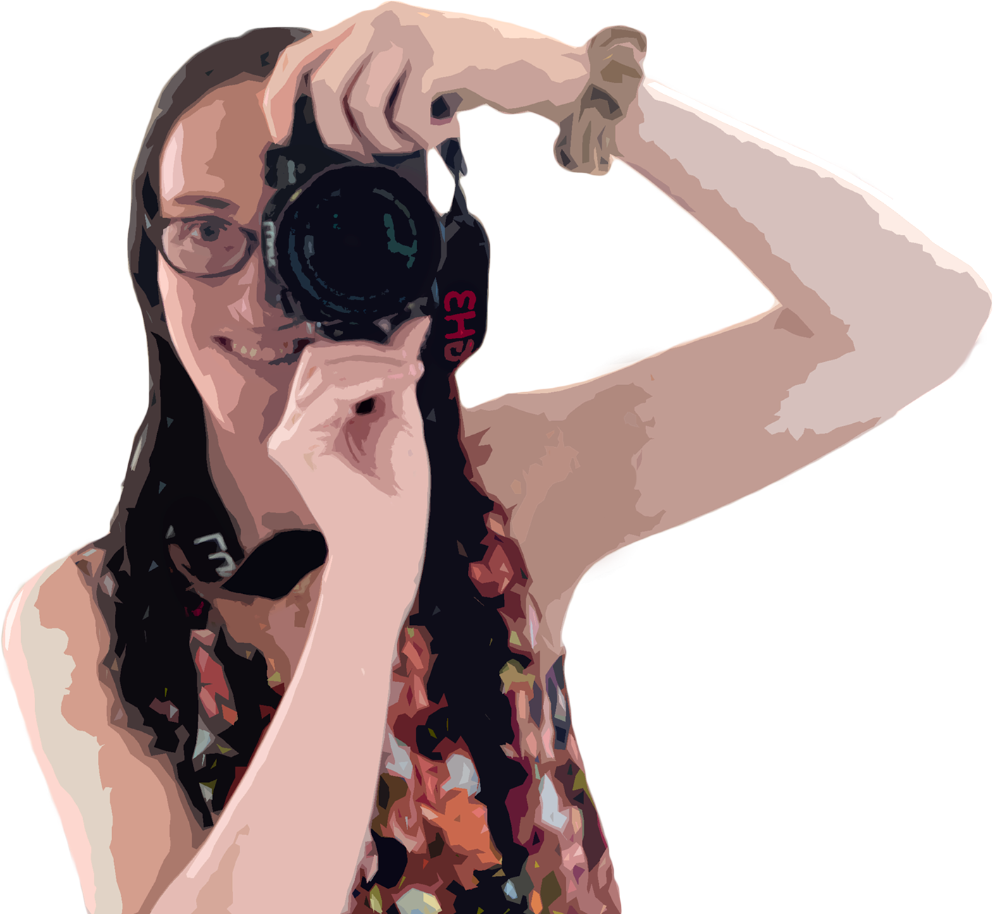 Elana looking through the lens of a DSLR camera, held sideways in portrait orientation